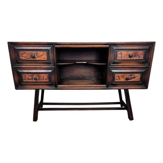Antique Italian Rustic Folk Art Carved Sideboard, 1890s For Sale