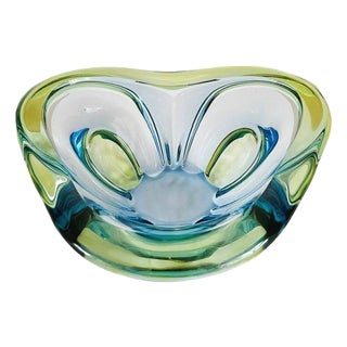 Vintage Bohemian Glass Bowl in Blue Green, 1960s For Sale