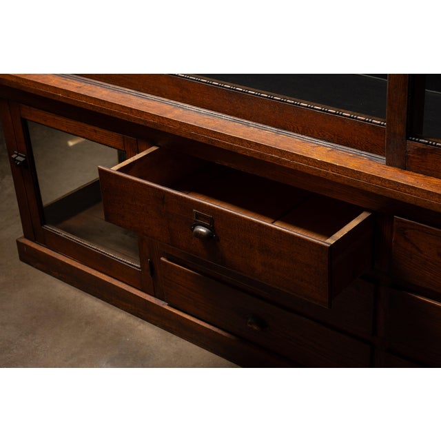 Wood Antique Oak Mercantile Cabinet With Japanned Copper Hardware For Sale - Image 7 of 10