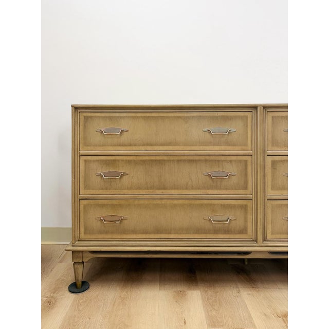 Wood Vintage MCM Gray Washed Blonde Dresser Six Drawer With Metal Handles For Sale - Image 7 of 13