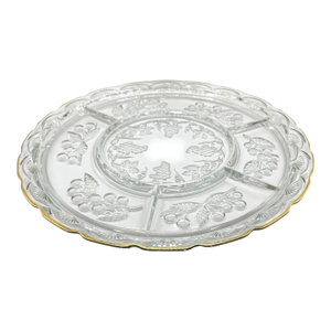Vintage Crystal Clear Glass 5 Part Divided Serving Tray With Grape and Leaf Motifs