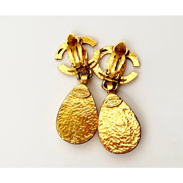 1990s Chanel Vintage Gold Plated CC Silver Stone Tear Drop Dangle Clip on Earrings, A Pair For Sale - Image 5 of 5