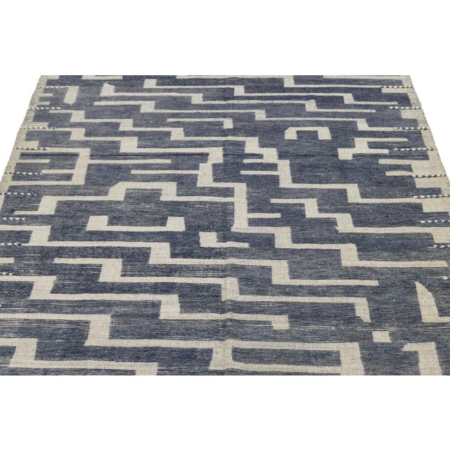 10x14 Modern Maze Blue & Cream Moroccan Geometric Handmade Wool Rug For Sale - Image 10 of 11