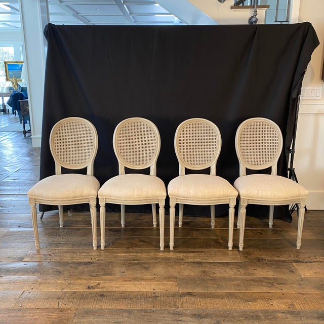 French Mid 20th Century French Louis XVI Style Set of 4 Dining Chairs or Side Chairs With Caned Backs and New Upholstery For Sale - Image 3 of 12