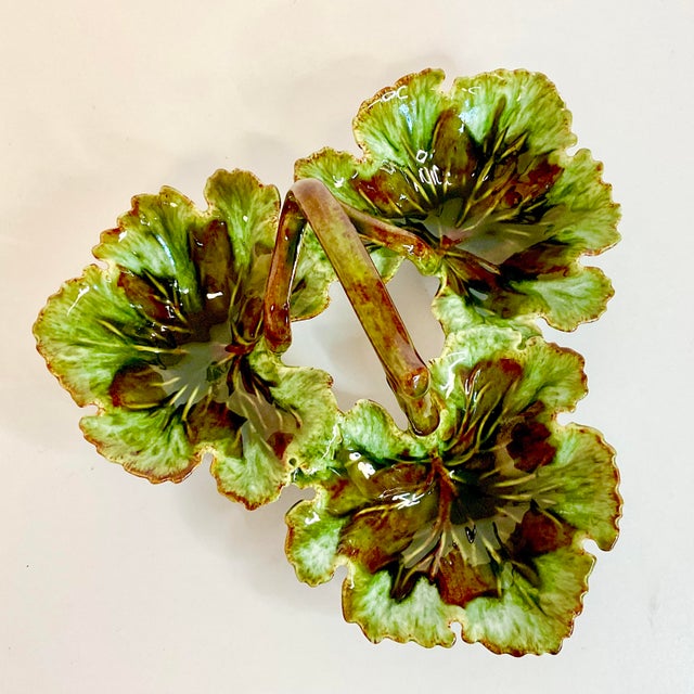 Vintage Home is pleased to offer this Vintage Americana Folk Art Majolica 3-Part Relish Dish. The design is three large...