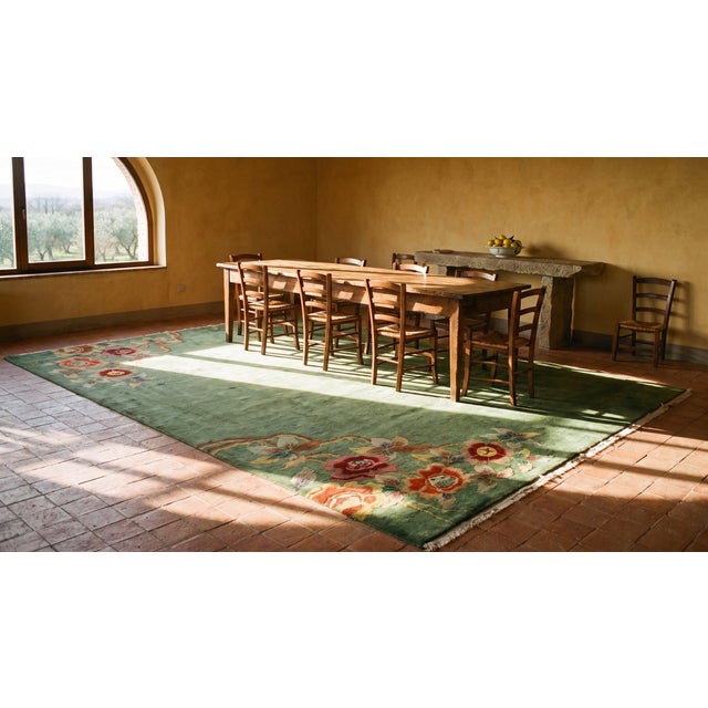 1930s Green Open Floral Antique Chinese Art Deco Carpet 8' 7" X 11' 4" Knotted Pile Wool Rug For Sale - Image 15 of 15
