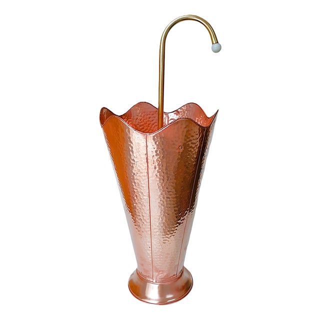 Vintage Copper Umbrella Stand in Hammered, Copper, Brass Handle, 1950 For Sale