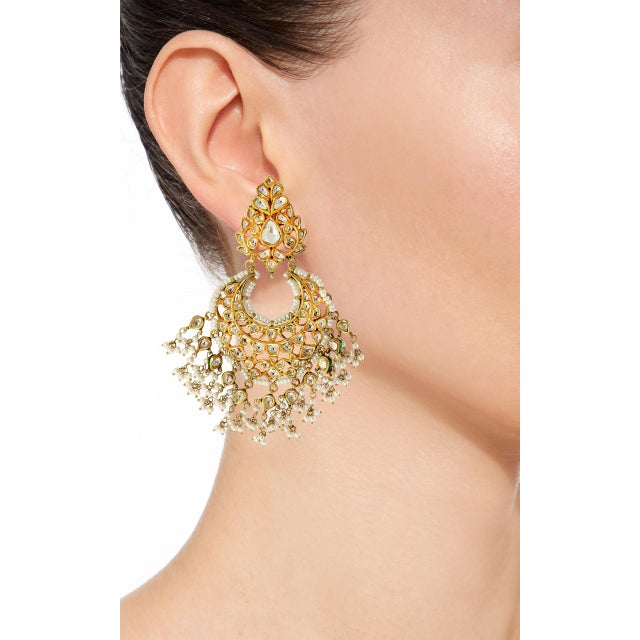 Modern Traditional Kundan 5 Layer Polki Rose Cut Diamond 18 K Bridal Set and Chand Bali For Sale - Image 3 of 8