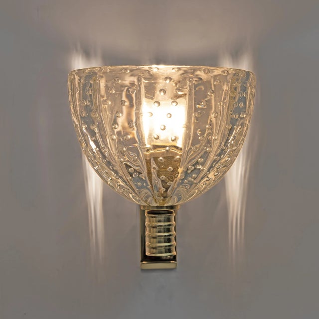 Art Deco Brass and Pelugoso Murano Glass Sconces from Seguso Vetri Darte, 1940, Set of 2 For Sale - Image 3 of 8