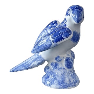 Vintage Chinoiserie Blue & White Porcelain Parrot Figurine | Hand-Painted Bird Sculpture For Sale