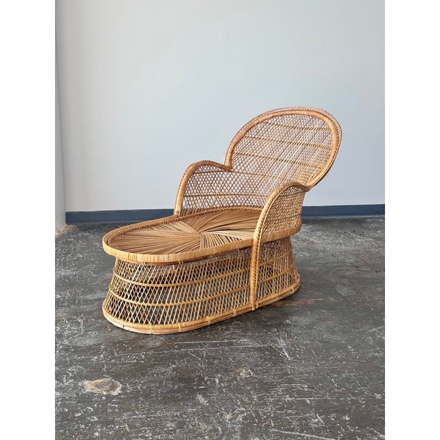 Wood Vintage Boho Peacock Wicker Chaise With Tropical Cushions For Sale - Image 7 of 18
