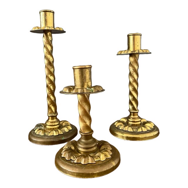 Set of 3 Antique Brass Candle Holder For Sale