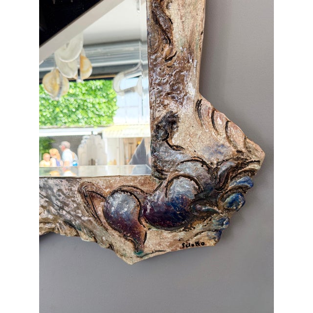 1940s Ceramic Enameled Sculpture Mirror by Leandro Sciutto Italy, 1940s For Sale - Image 5 of 14