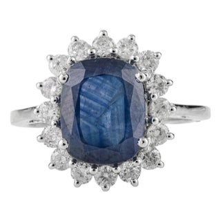 3.73 Ct Cushion Cut Natural Sapphire & Diamond Halo 14k Gold Statement Ring Size 6.5 For Sale