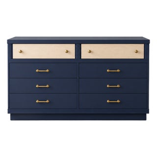 Navy Blue 8-Drawer Dresser With Bleached Ash Drawers & Satin Brass Hardware For Sale