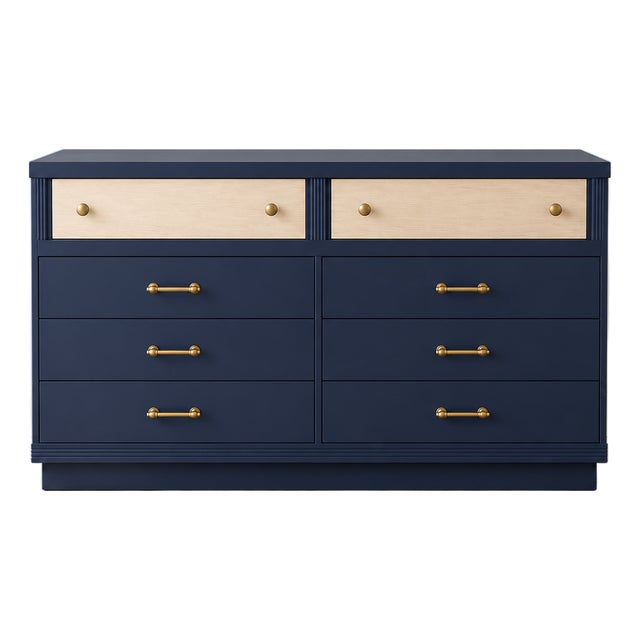Navy Blue 8-Drawer Dresser With Bleached Ash Drawers & Satin Brass Hardware For Sale
