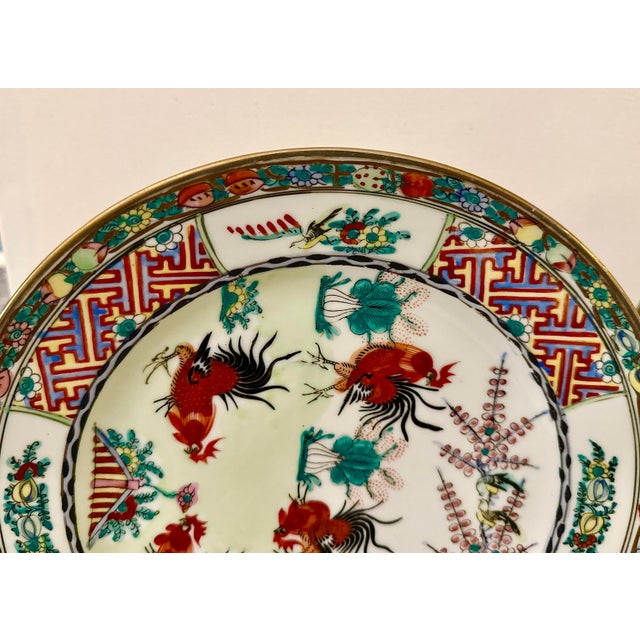Red Vintage Chinese Hand Painted Gold Gilded Porcelain Plates W/ Roosters - A Pair For Sale - Image 8 of 15