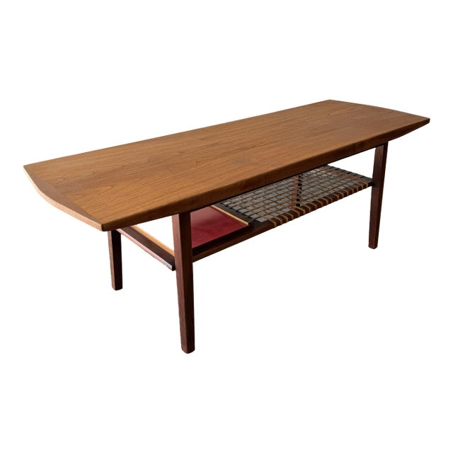 Vintage Danish Modern Teak Coffee Table With Pull-Out Tray and Woven Shelf, Circa 1960's Mid Century For Sale