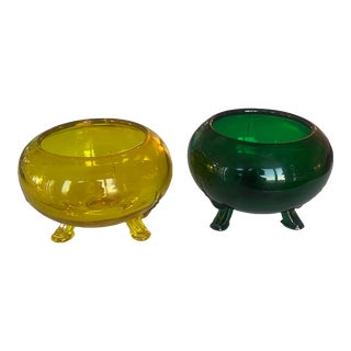 Vintage Mid-Century Viking Emerald Green and Yellow Footed Bowls - a Pair For Sale