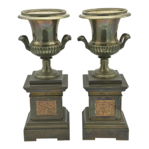 Pair of Urns on Pedestal Brass With Classical Scenes, Early 20th Century