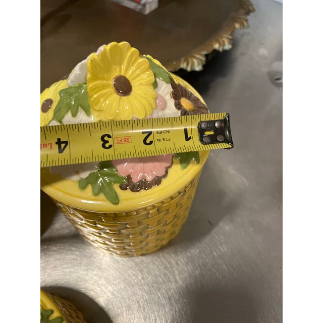 Vintage Trio of Yellow Ceramic Woven Style Jars With Floral Accents For Sale - Image 4 of 11