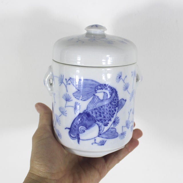 Blue Small Vintage Chinoiserie Asian Koi Fish Canister Lidded Jar or Pot, Ceramic With Lid Blue and White For Sale - Image 8 of 10