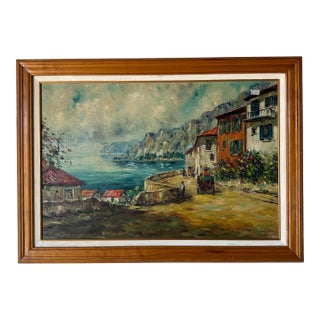 1960s A. Valentin Impressionist Oil Painting – Mediterranean Coast Village Landscape, Signed & Framed For Sale