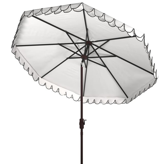 Traditional Elegant Valance 9Ft Round Umbrella, Ivory With Navy Trim/Brown Pole For Sale - Image 3 of 5