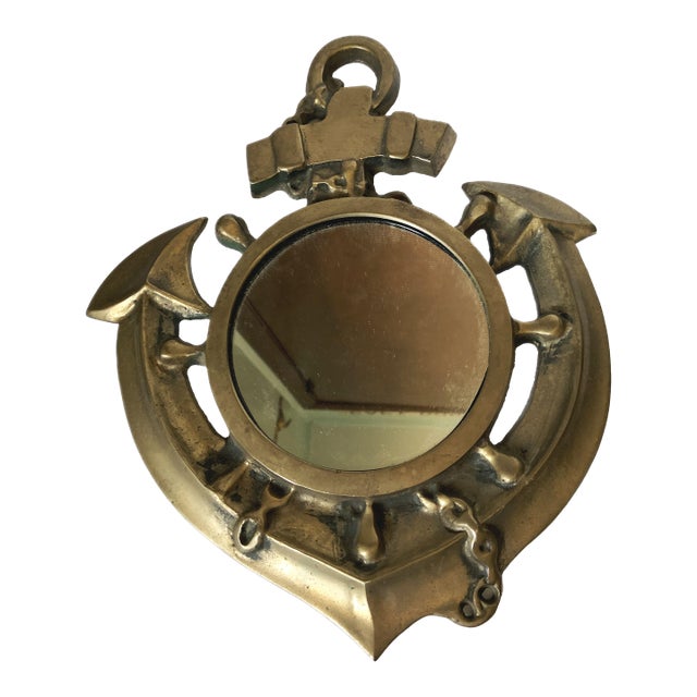 Vintage 1960s Gold Cast Iron Anchor Mirror Nautical Wall Hanging For Sale