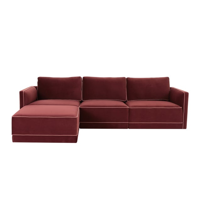 Boho Chic Willow Berry Red with Mauve Piping Modular 4-Piece Performance Velvet Sectional For Sale - Image 3 of 5