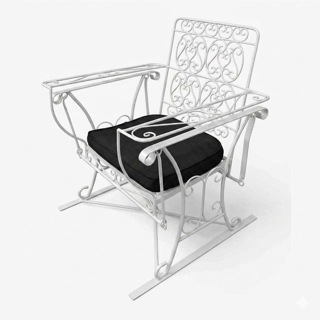 White Scrolling Wrought Iron Glider Rocking Settee & Chair Patio Outdoor Set For Sale - Image 4 of 5