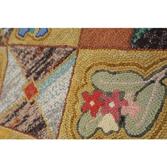 Very Pretty Multi Colored Floral Tumbling Block Pattern Set on a a Light Yellow Tan Background Vintage Signed Sg and Dated 1950 American Hooked Rug For Sale - Image 9 of 15