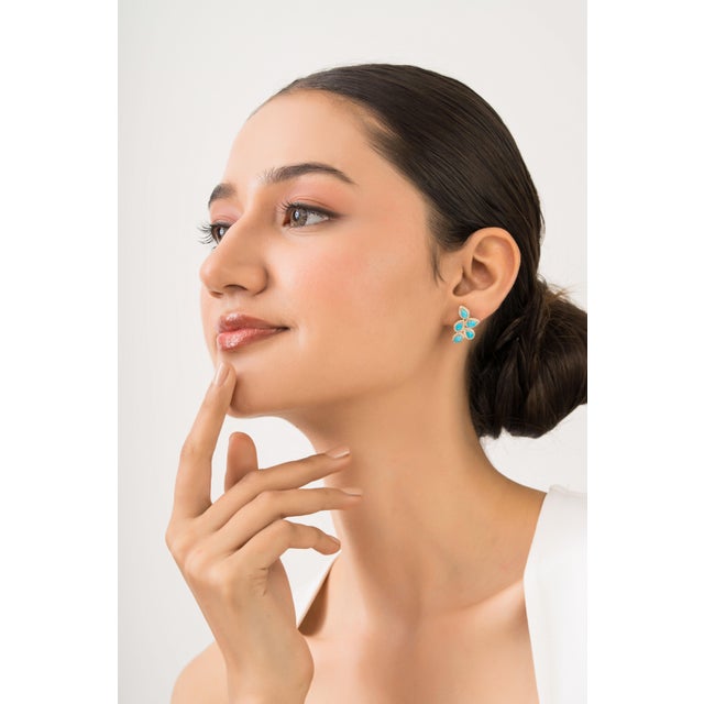 Not Yet Made - Made To Order 2.29ct Pear Cabochon Turquoise & Diamond Floral Stud Earrings in 14k Gold- A Pair For Sale - Image 5 of 12