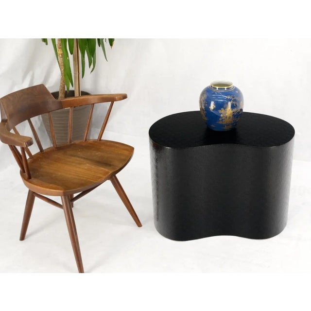 Kidneyshape black lacquer raffia cloth wrapped side end coffee table. Custom design studio piece.