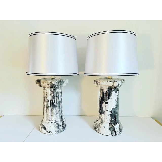 Wood 1970s Marbled Column Lamps & Shades - A Pair For Sale - Image 7 of 15