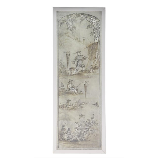 Chinoiserie A Retro Chinoiserie-Style Gray-Toned Decorative Mural (Four-Panel Painting) For Sale - Image 3 of 14