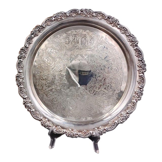 Wm a Rogers Oneida Du Maurier Serving Tray Platter Silver Plate Rose W/ Box MCM For Sale