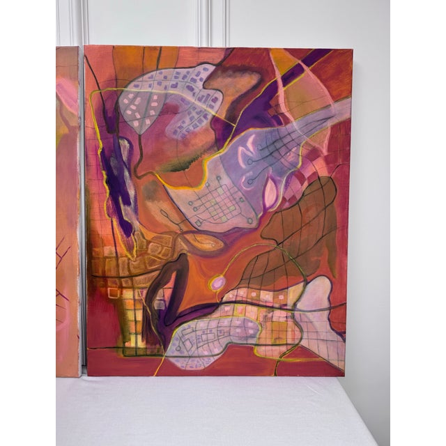 Late 20th Century Vintage Contemporary Abstract Expressionism Diptych Original Oil Paintings, a Pair, Magenta, Orange & Plum For Sale - Image 5 of 18
