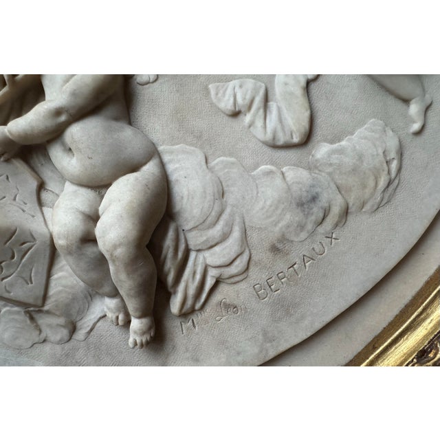 19th Century Antique Neoclassical Carved Marble Cherub Bas Relief in Ornate Gilt Oval Frame For Sale - Image 5 of 12