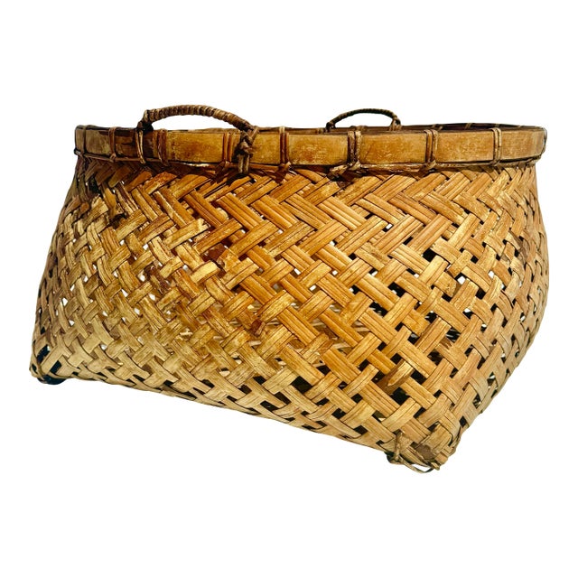 Large Antique Hand-Woven Split Bamboo Gathering Basket – 21” Wide For Sale