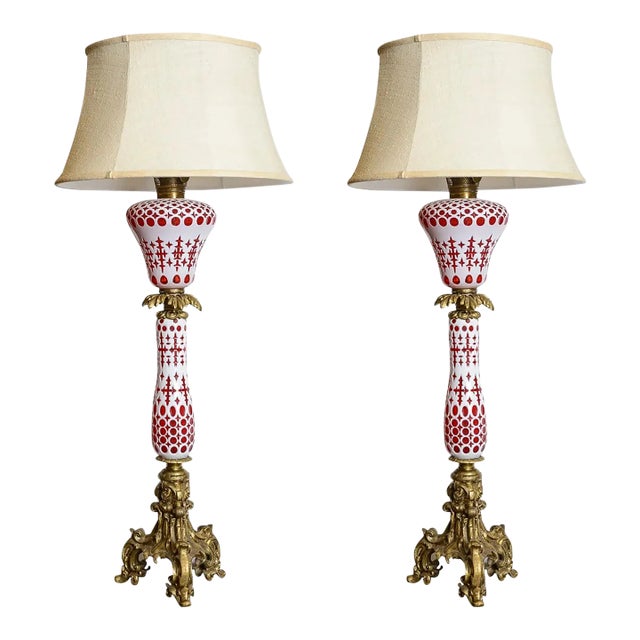 Antique Boston and Sandwich Cranberry Glass Lamps-A Pair For Sale