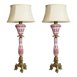 Antique Boston and Sandwich Cranberry Glass Lamps-A Pair