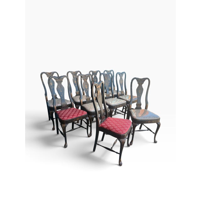 Black Mid-20th Century Grand Ledge Chinoiserie Black Lacquer Dining Chairs, Set of 10 For Sale - Image 8 of 17