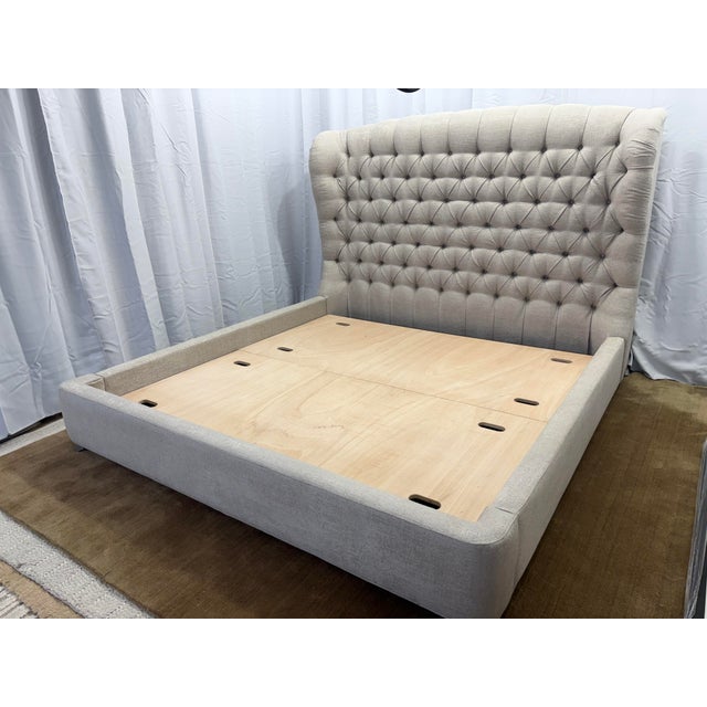 Attributed to ARHAUS Tufted Wingback Upholstered Bed — King Custom Greige Upholstery | Deep Button Tufting | Fully...