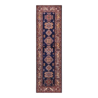 Tribal Super Kazak Blue/Beige Wool Runner Rug- 2'9'' X 9'8'' For Sale