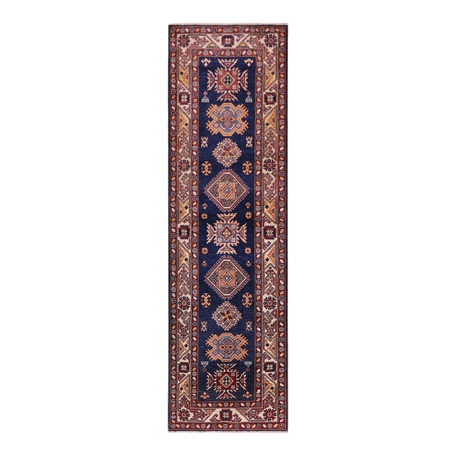 Tribal Super Kazak Blue/Beige Wool Runner Rug- 2'9'' X 9'8'' For Sale