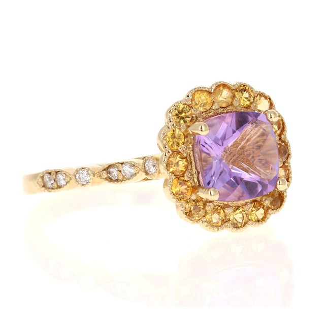 1.99 Carat Cushion Cut Amethyst Diamond Sapphire 14K Yellow Gold Ring This cute and dainty ring is great for everyday...