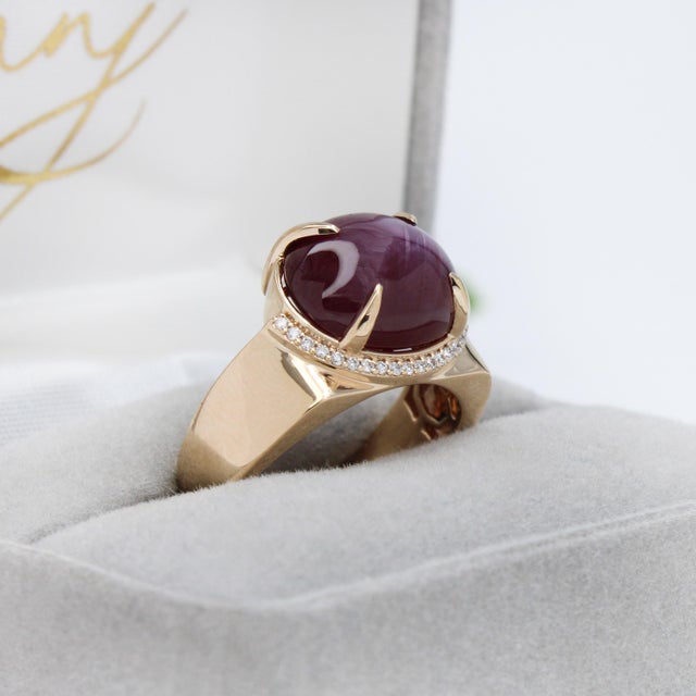 7.3ct Star Ruby Ring W Natural Diamond Accents in Solid 14k Gold | Ov 10.5x9.6mm, Size 6.75 For Sale - Image 9 of 10
