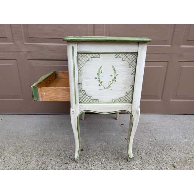 Vintage French Provincial Cream & Sage Green Painted Nightstand With Botanical Decoration For Sale - Image 12 of 14