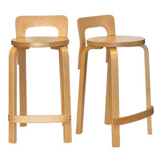 Pair of Artek Alvar Aalto K65 Low Back Kitchen Stools in Natural Birch For Sale